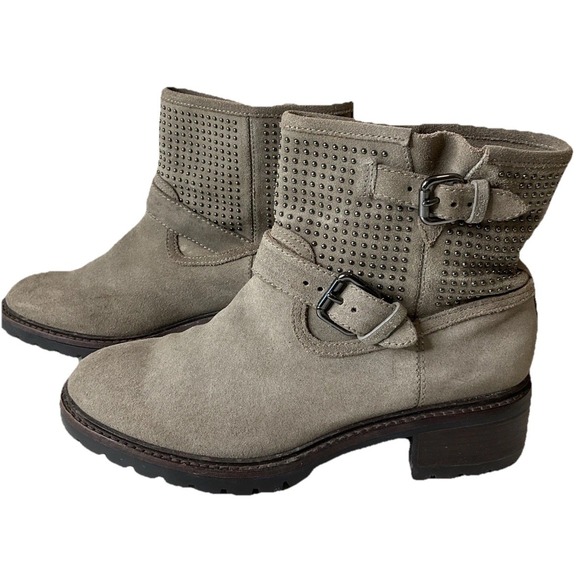 Coach Shoes - Coach Gates Women's Studded Taupe Gray Suede‎ Moto Combat Buckle Ankle Boots 6B